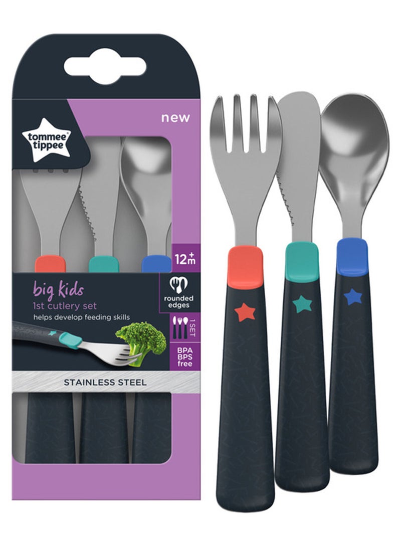 Tommee Tippee Big Kids Metal Cutlery Set 12M+ | Chunky Handles, Rounded Edges | Stainless Steel Toddler Fork, Spoon & Knife